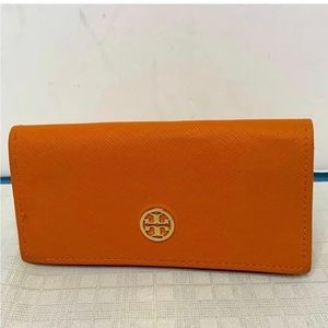 Tory Burch Saffiano Orange Leather Sun Reading Glass Case Gold Logo US OS